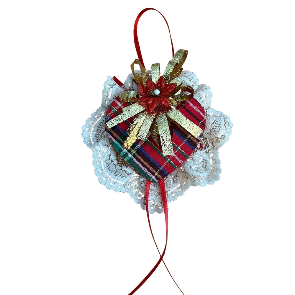 Vintage Plaid Heart Christmas Ornament White Lace Gold Bow Victorian Style Red